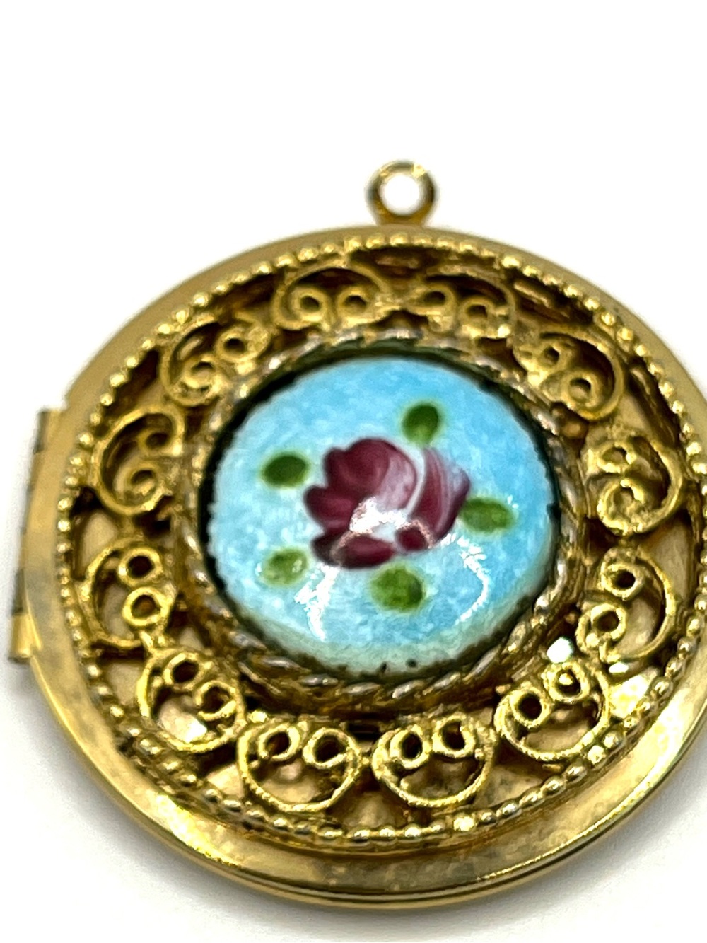 Vintage Locket Guilloche Enamel Necklace Gold Tone Rose Locket Pendant